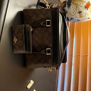 Coach Black and Brown Signature Handbag with Wallet